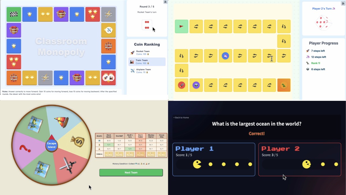 Classroom review games including Monopoly-style review, Pac-Man quiz, and team question activities