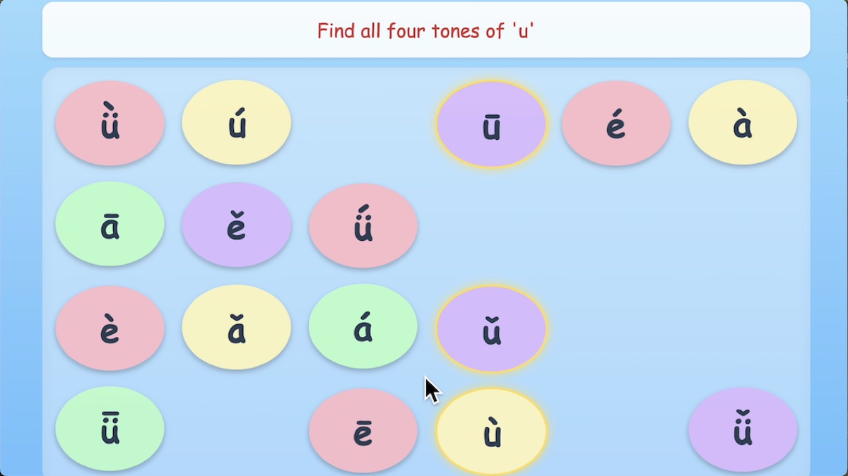 Pinyin match Chinese learning game preview for initials, finals, and tones