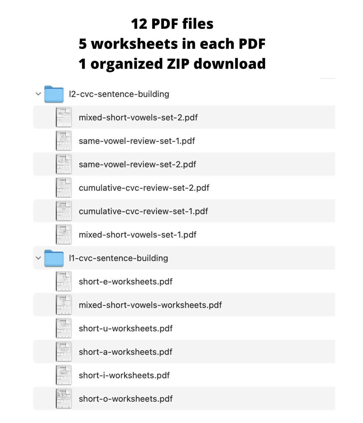 Organized CVC Sentence Building download showing twelve PDF files in L1 and L2 folders