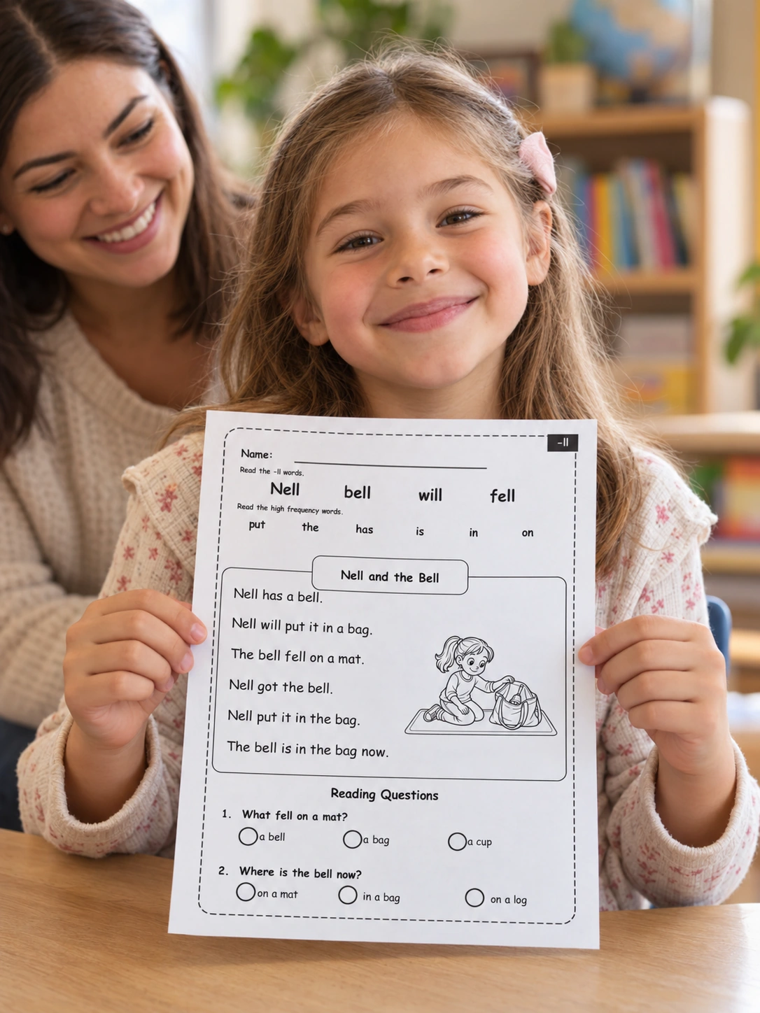 A child holding the full Nell and the Bell reader with an adult beside her