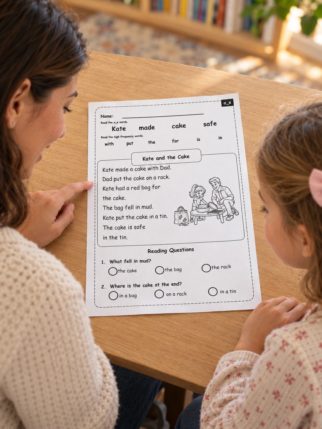 An adult and child reading the complete Kate and the Cake worksheet together at a table