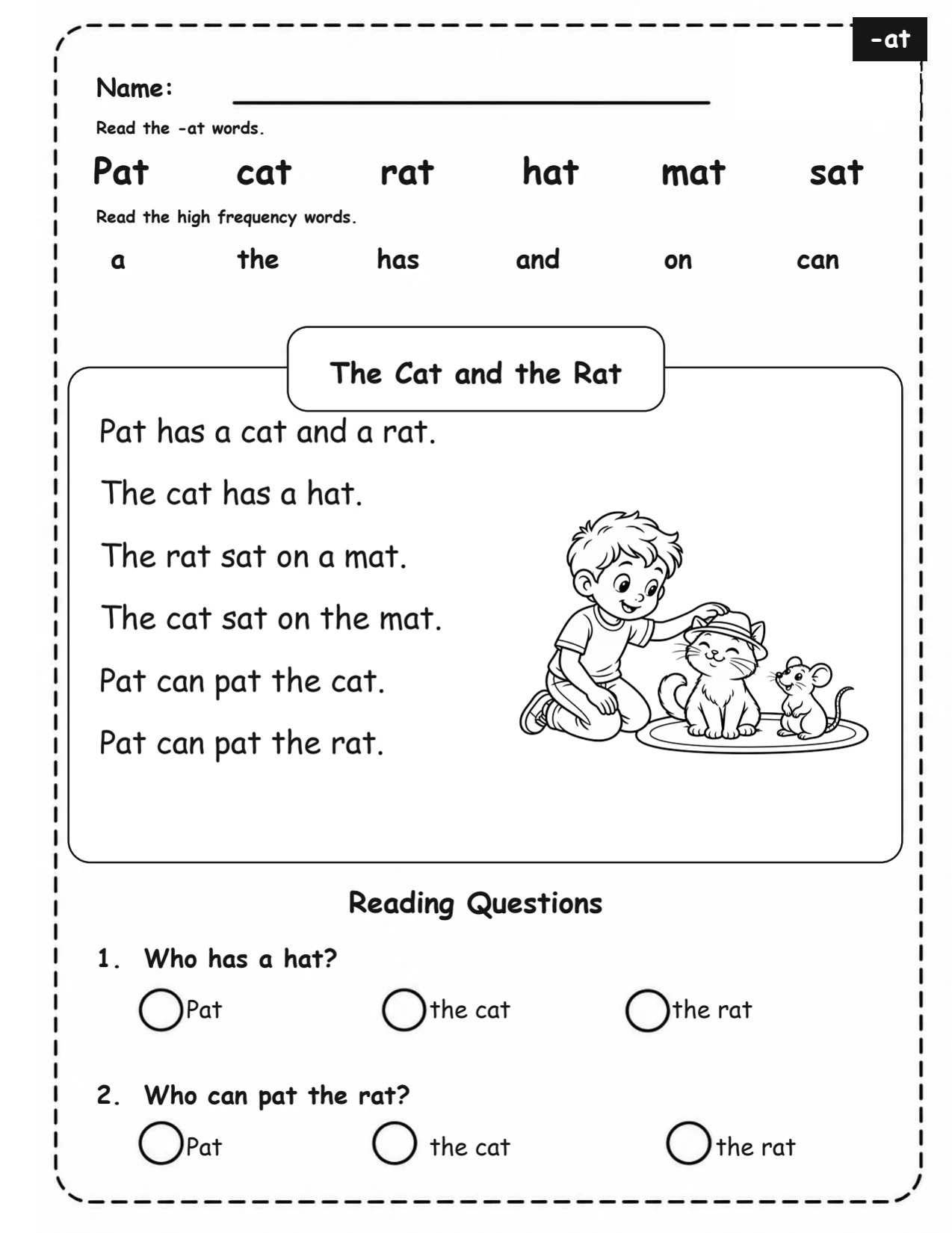 Book 1 Reader 01, The Cat and the Rat, showing the -at warm-up, support words, passage, and two reading questions