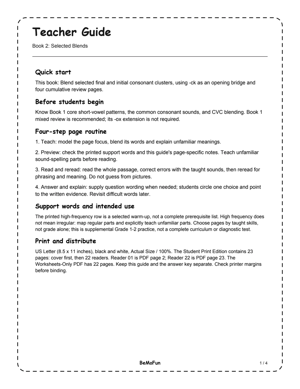 Existing Book 2 Selected Blends teacher-guide preview with preparation notes and a four-step reading routine