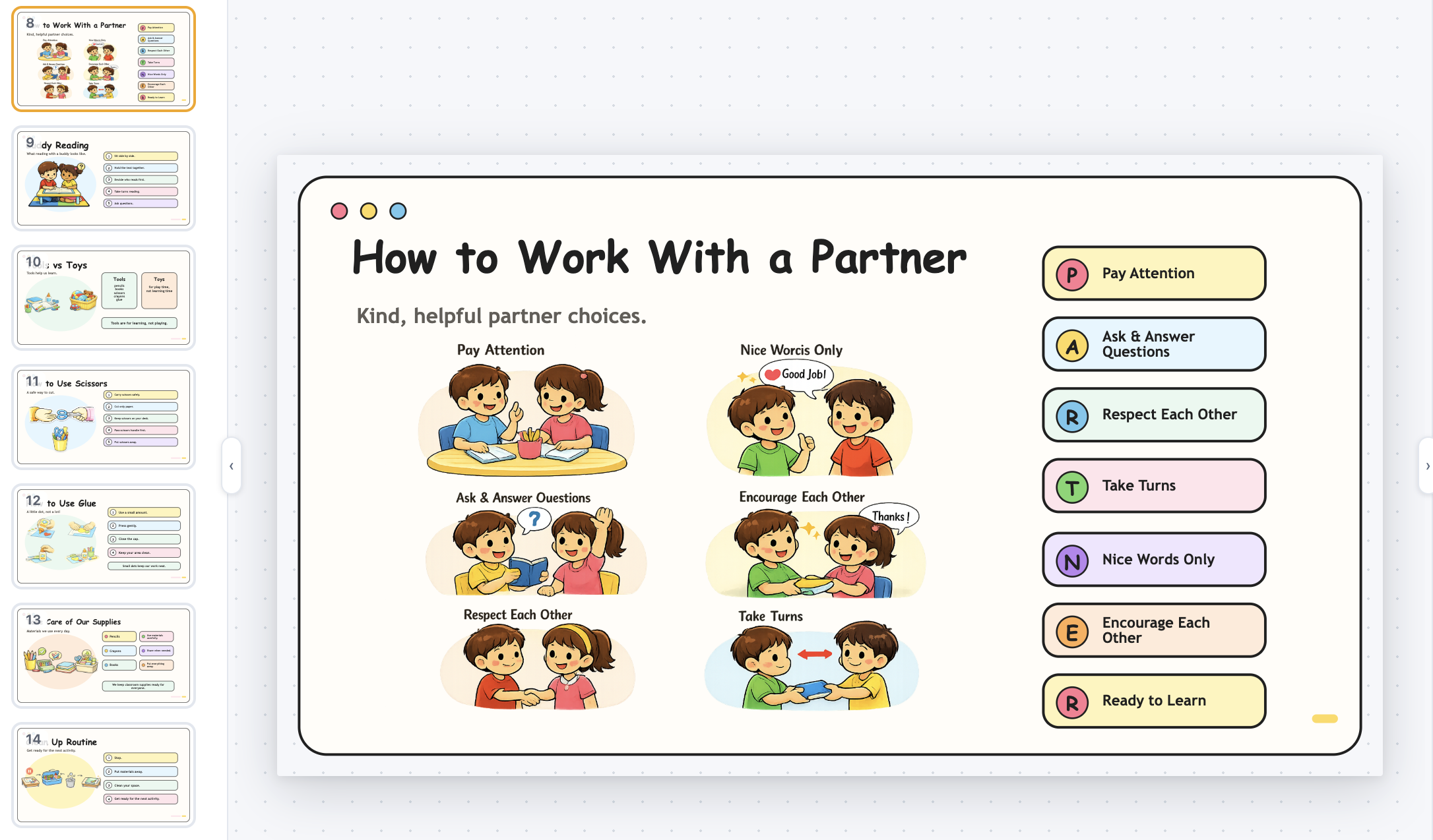 Classroom Routines presentation preview showing the How to Work With a Partner slide