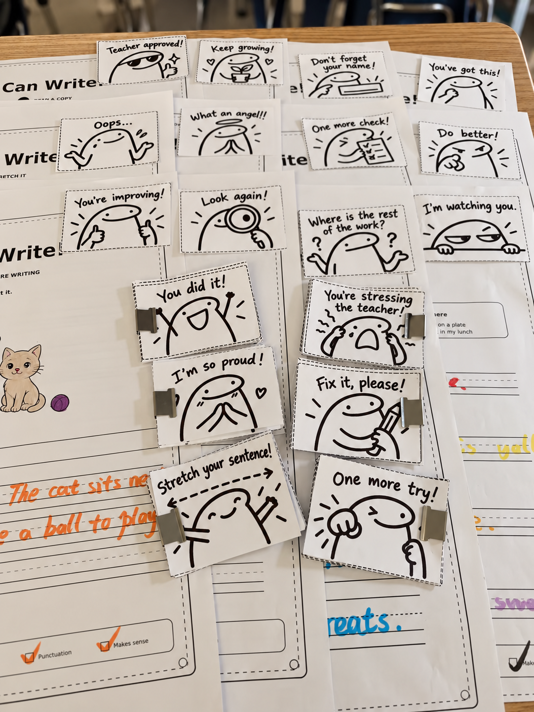 Product preview of cut-apart feedback messages placed beside writing worksheets