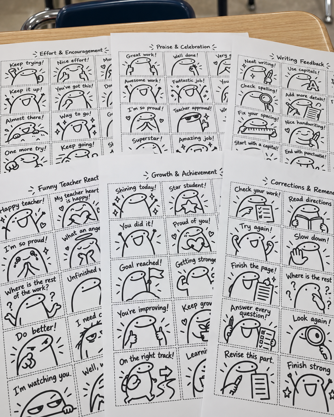 Overview of the six BeMoFun feedback sticker categories, including writing feedback and effort messages