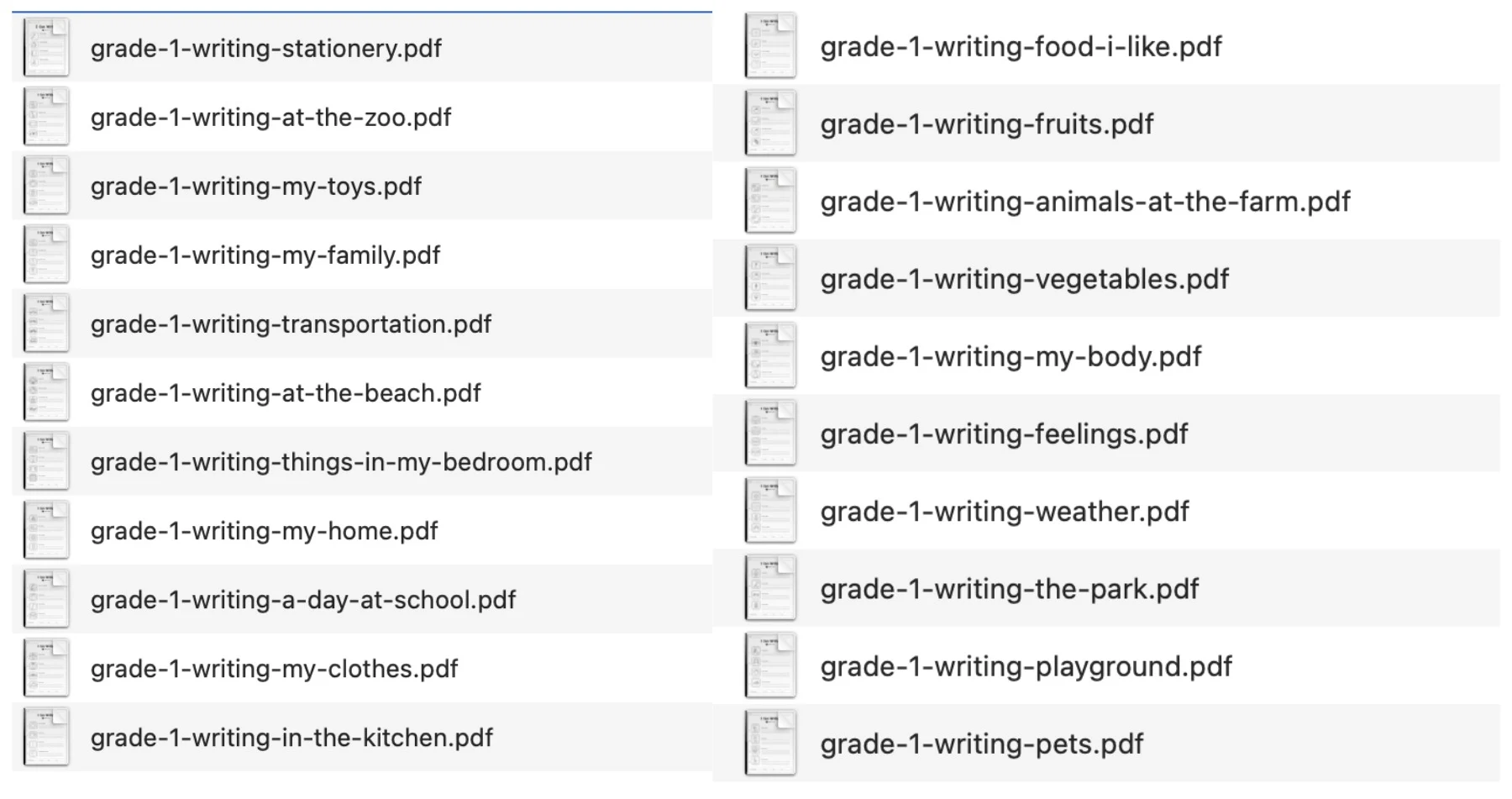 Overview of 21 first-grade I Can Write worksheet topics