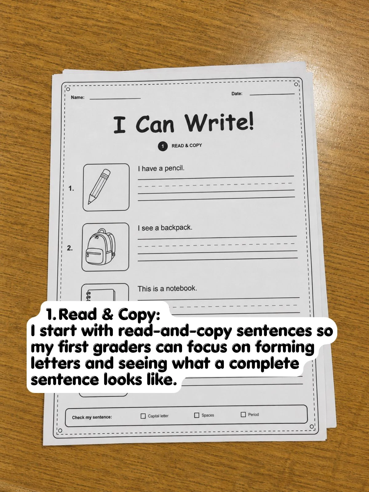 Read and Copy step from the first-grade I Can Write worksheets