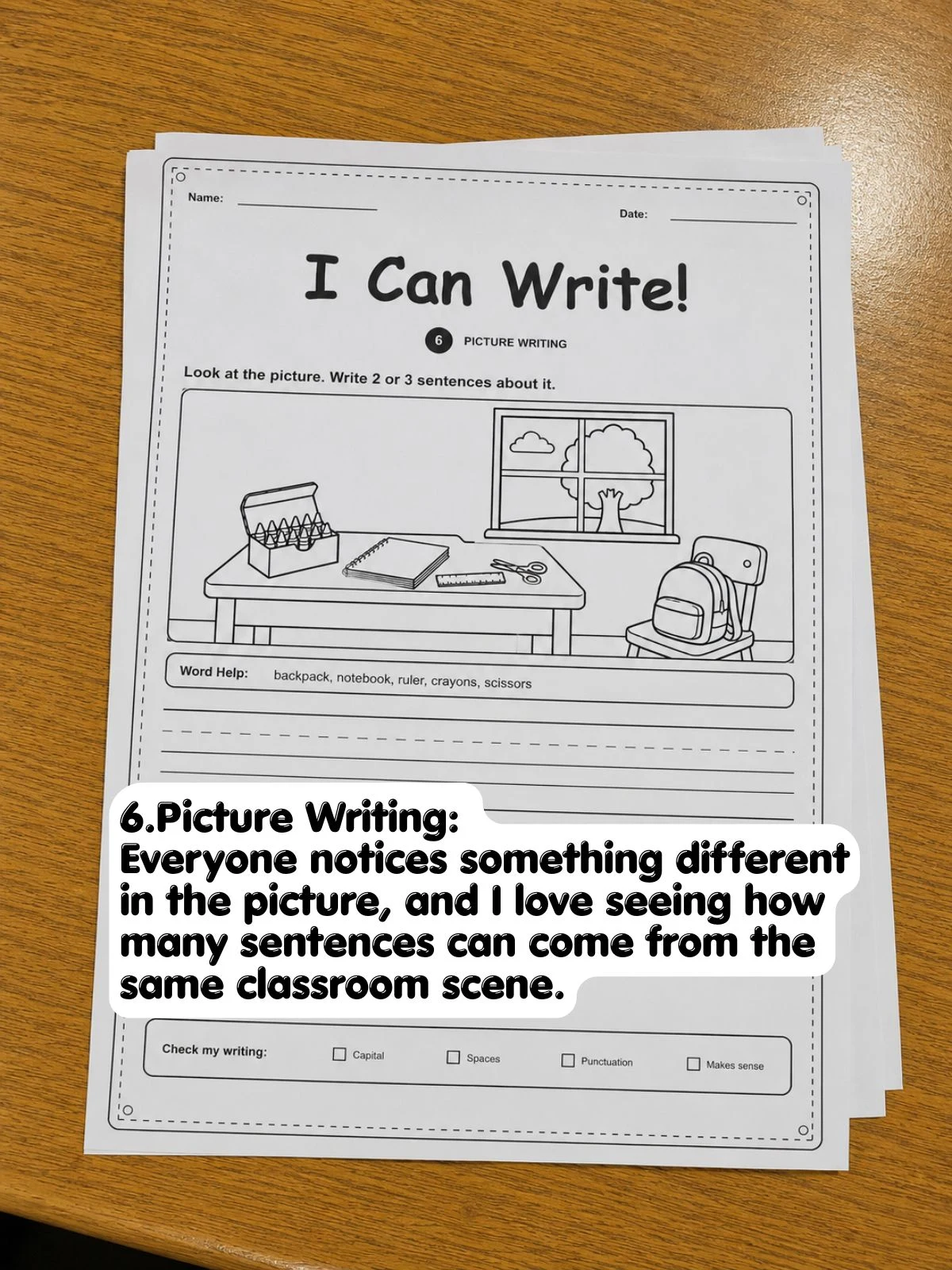 Picture Writing step from the first-grade I Can Write worksheets