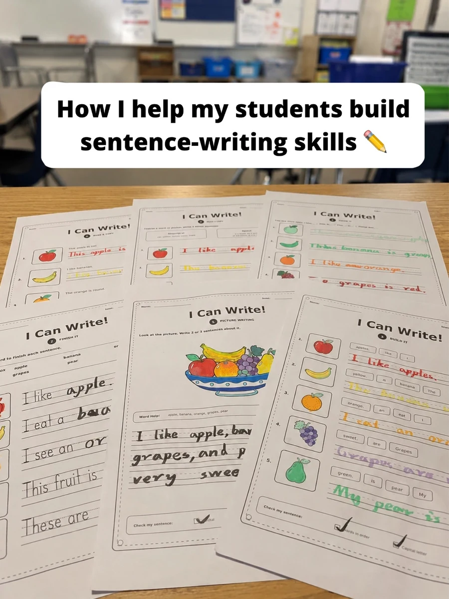 Six I Can Write worksheets displayed on a classroom table