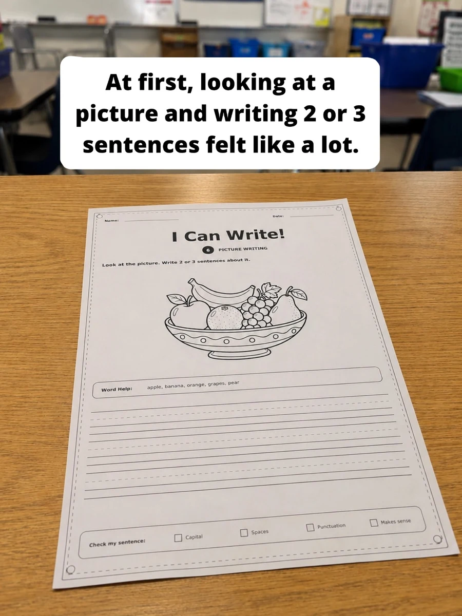 Blank picture writing worksheet ready for a first-grade student