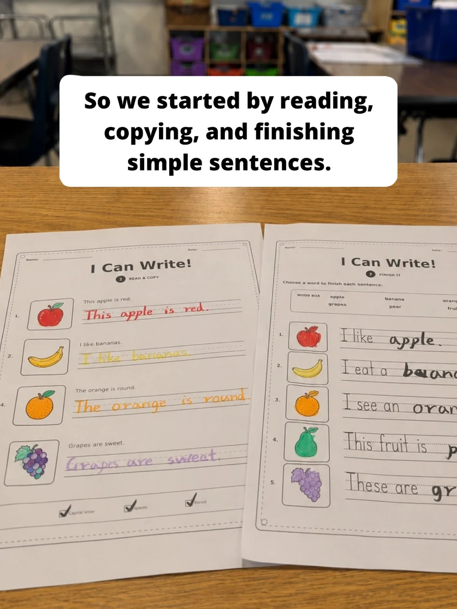 Completed Read and Copy and Finish It sentence writing worksheets