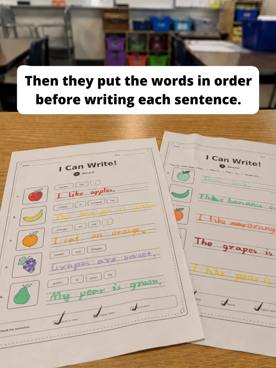 Completed Build It and Write It sentence writing worksheets