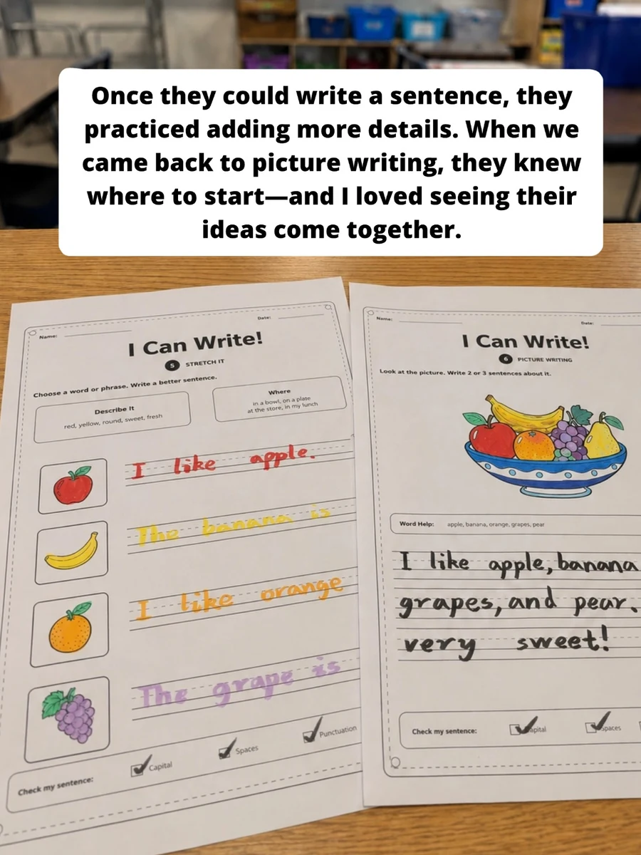Completed Stretch It and Picture Writing worksheets