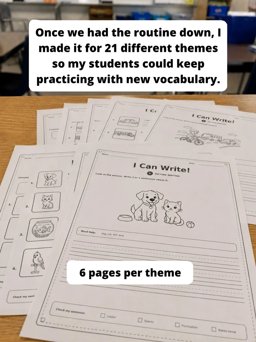 I Can Write worksheet pages showing different classroom writing themes