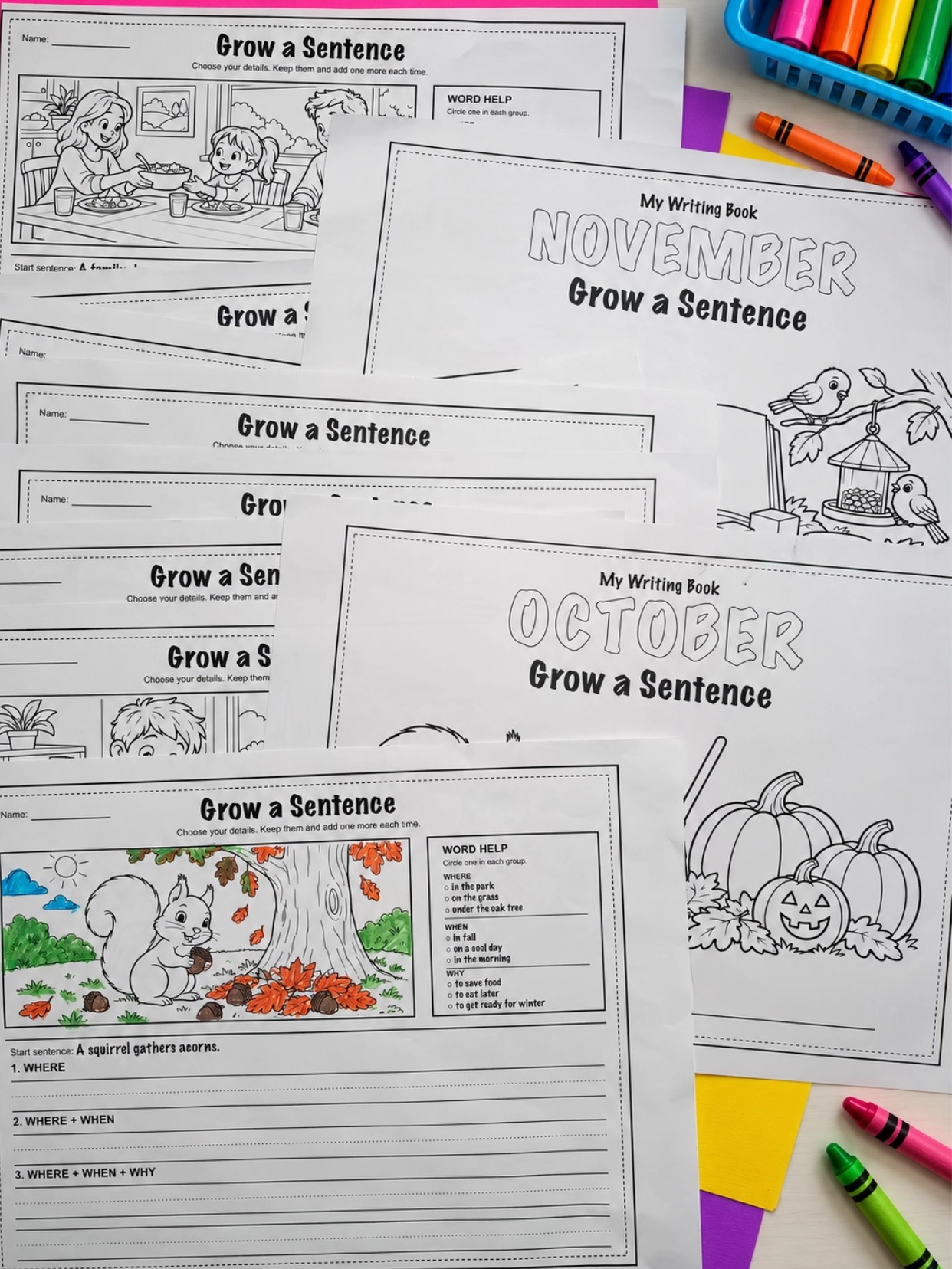 Printed October and November Grow a Sentence booklets with illustrated writing worksheets