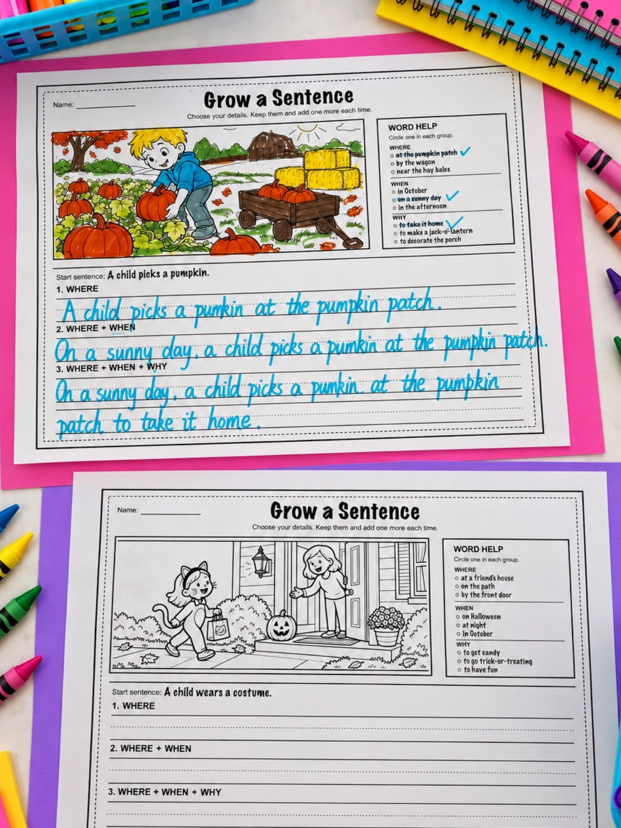 Completed pumpkin sentence worksheet showing where, when, and why details added in three steps