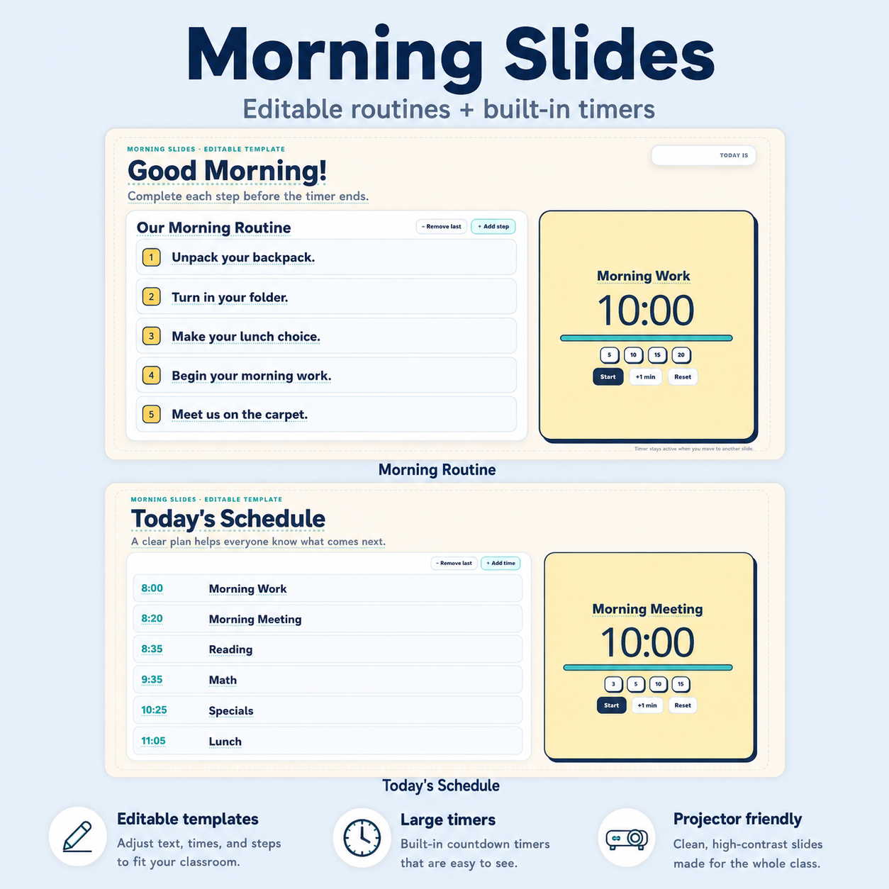 Morning Slides overview with editable routines and built-in timers