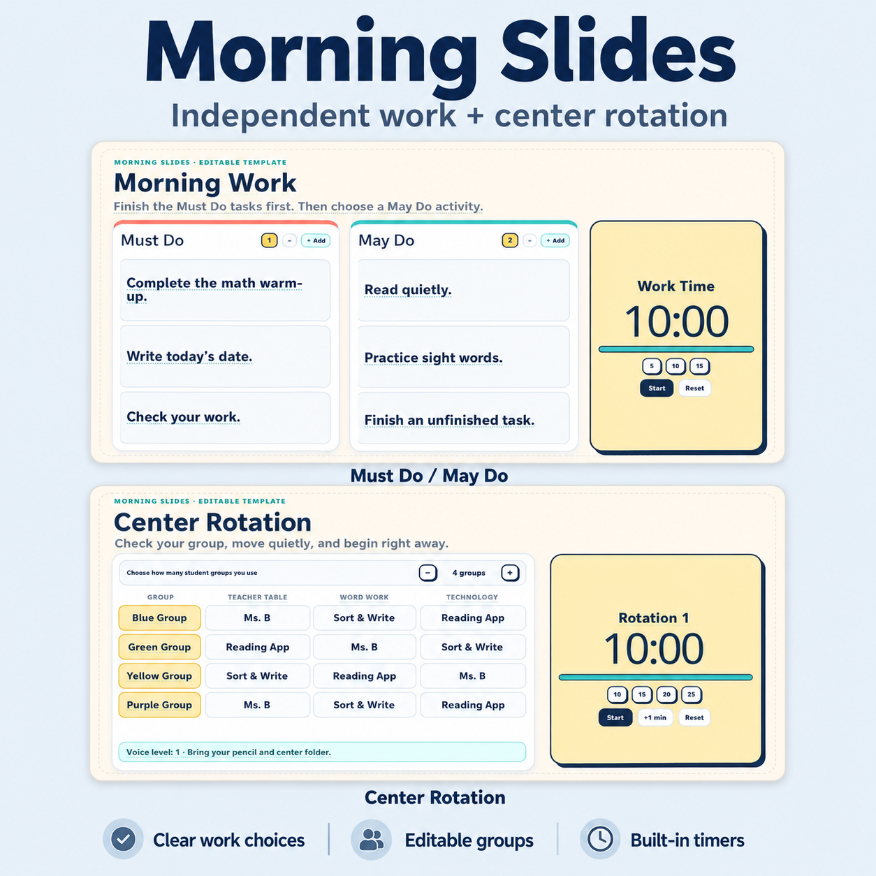 Morning Slides overview with Must Do / May Do and Center Rotation