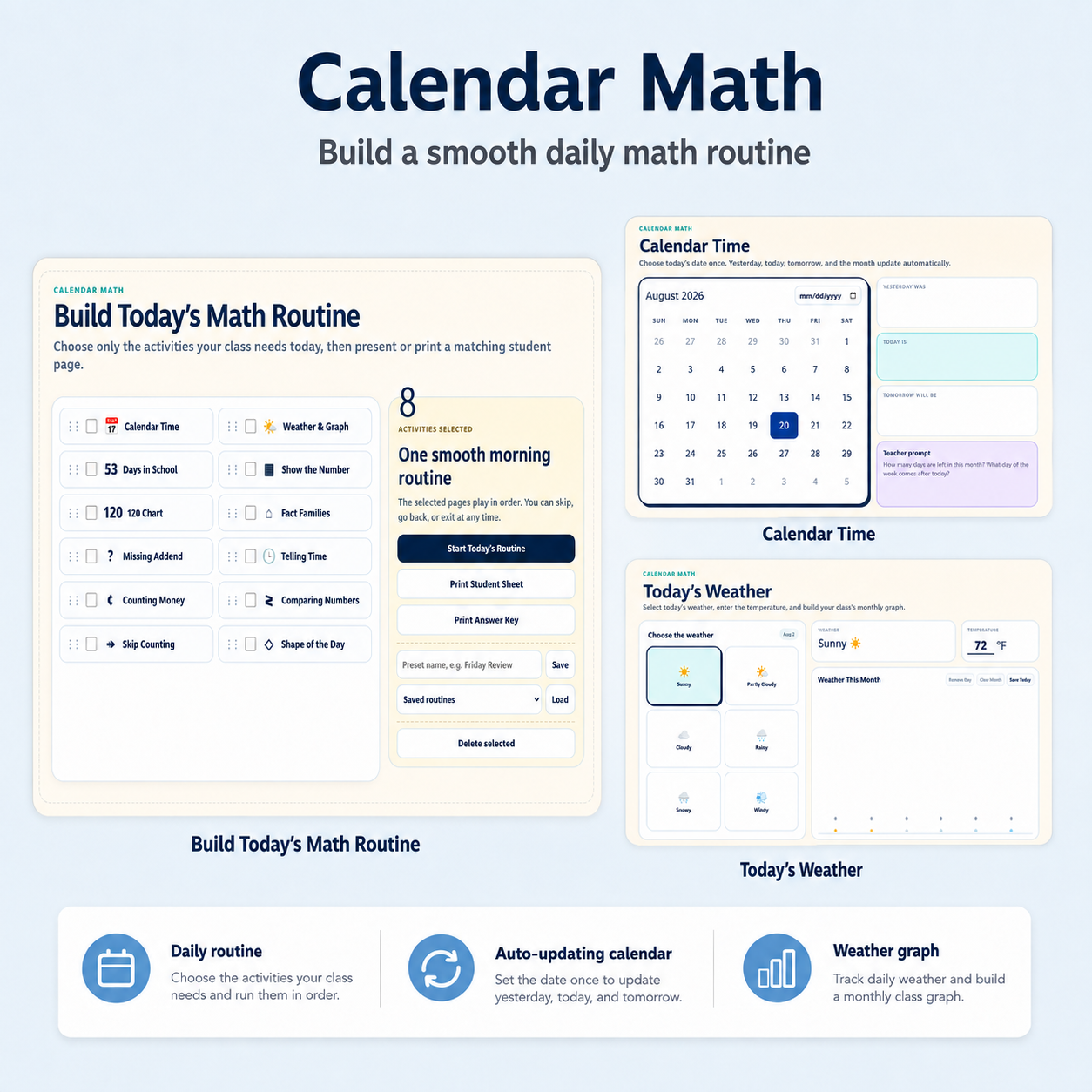 Calendar Math overview with daily routine, calendar, and weather activities