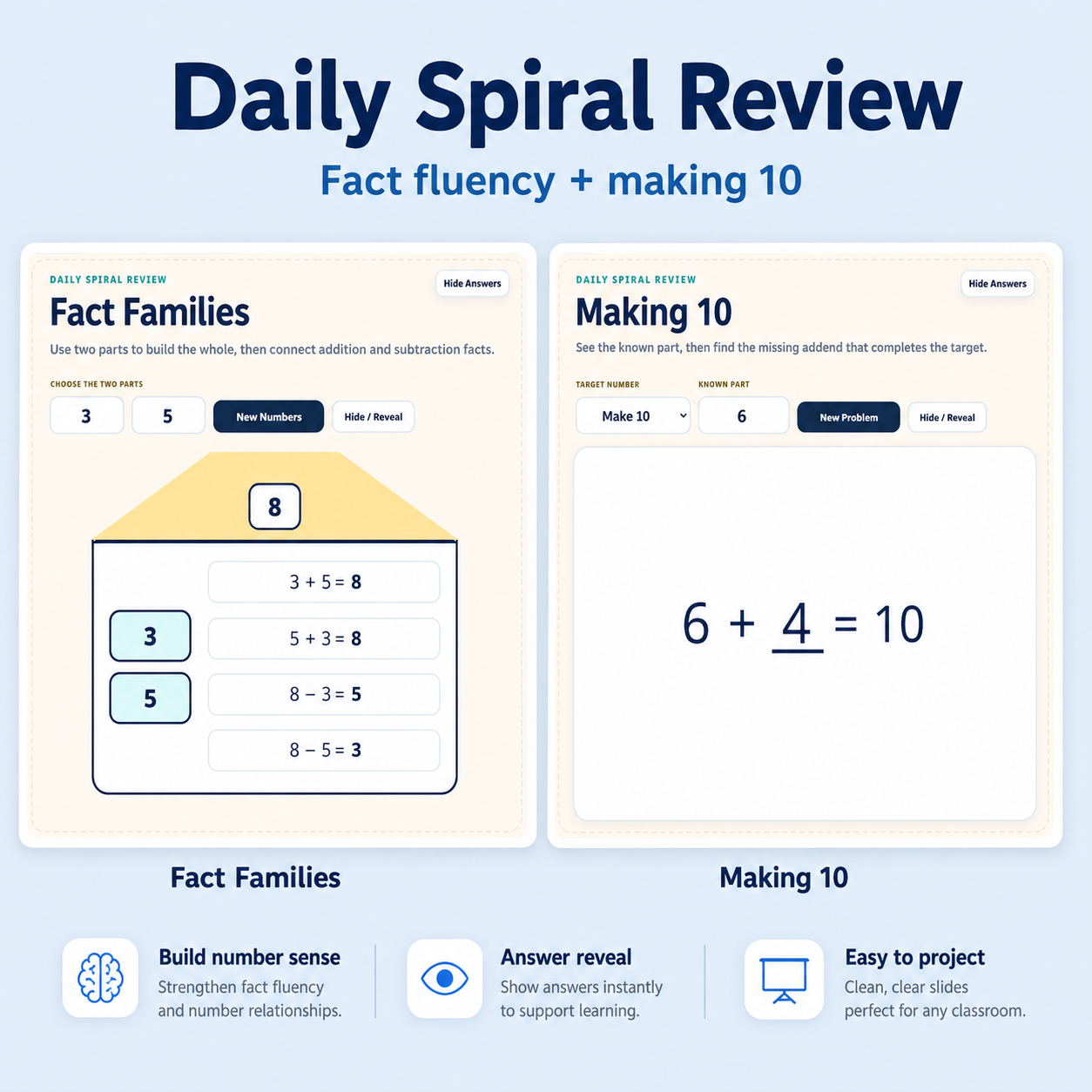 Daily Spiral Review overview with fact families and making 10