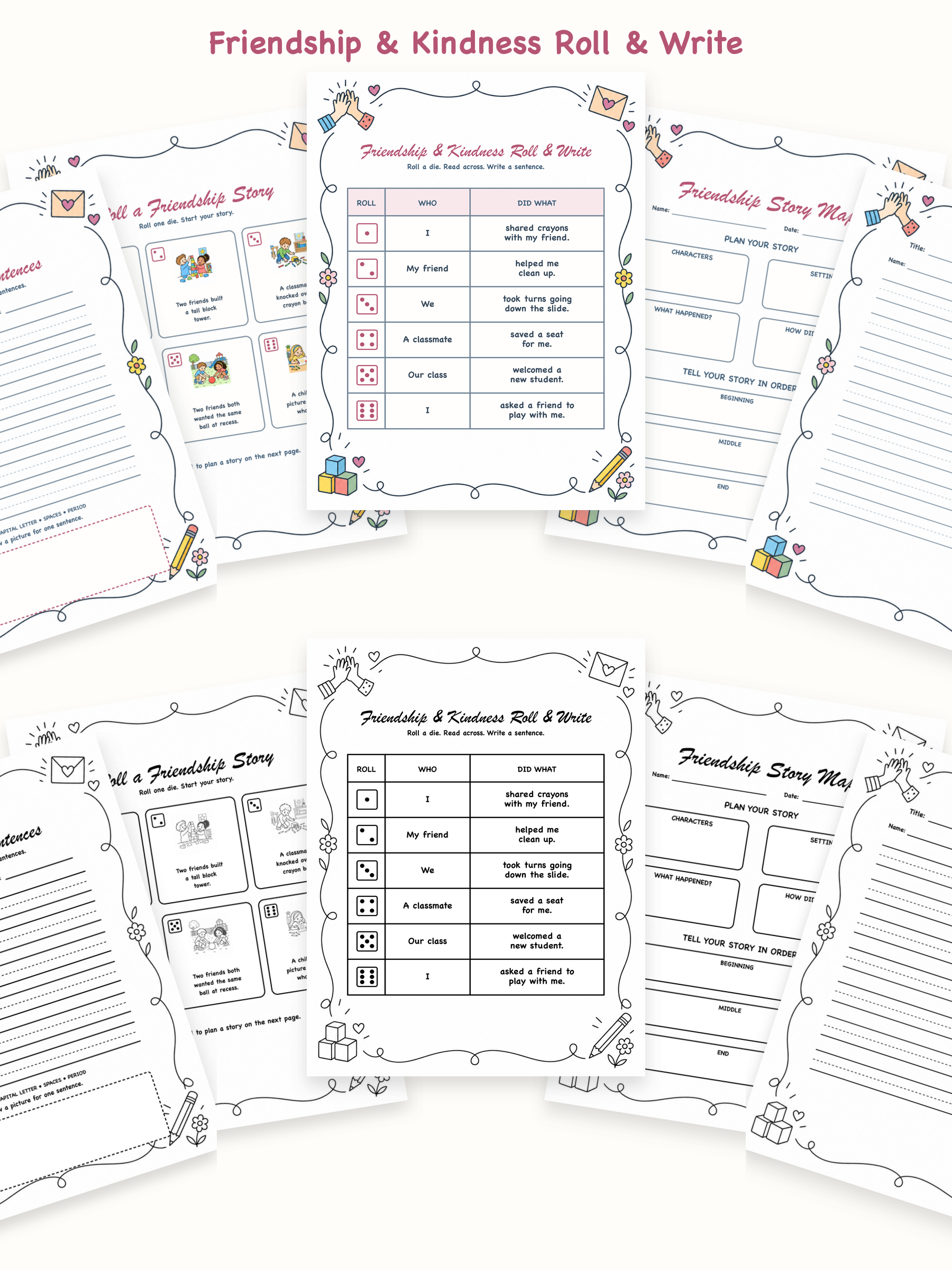 Friendship and Kindness Roll and Write printable writing center