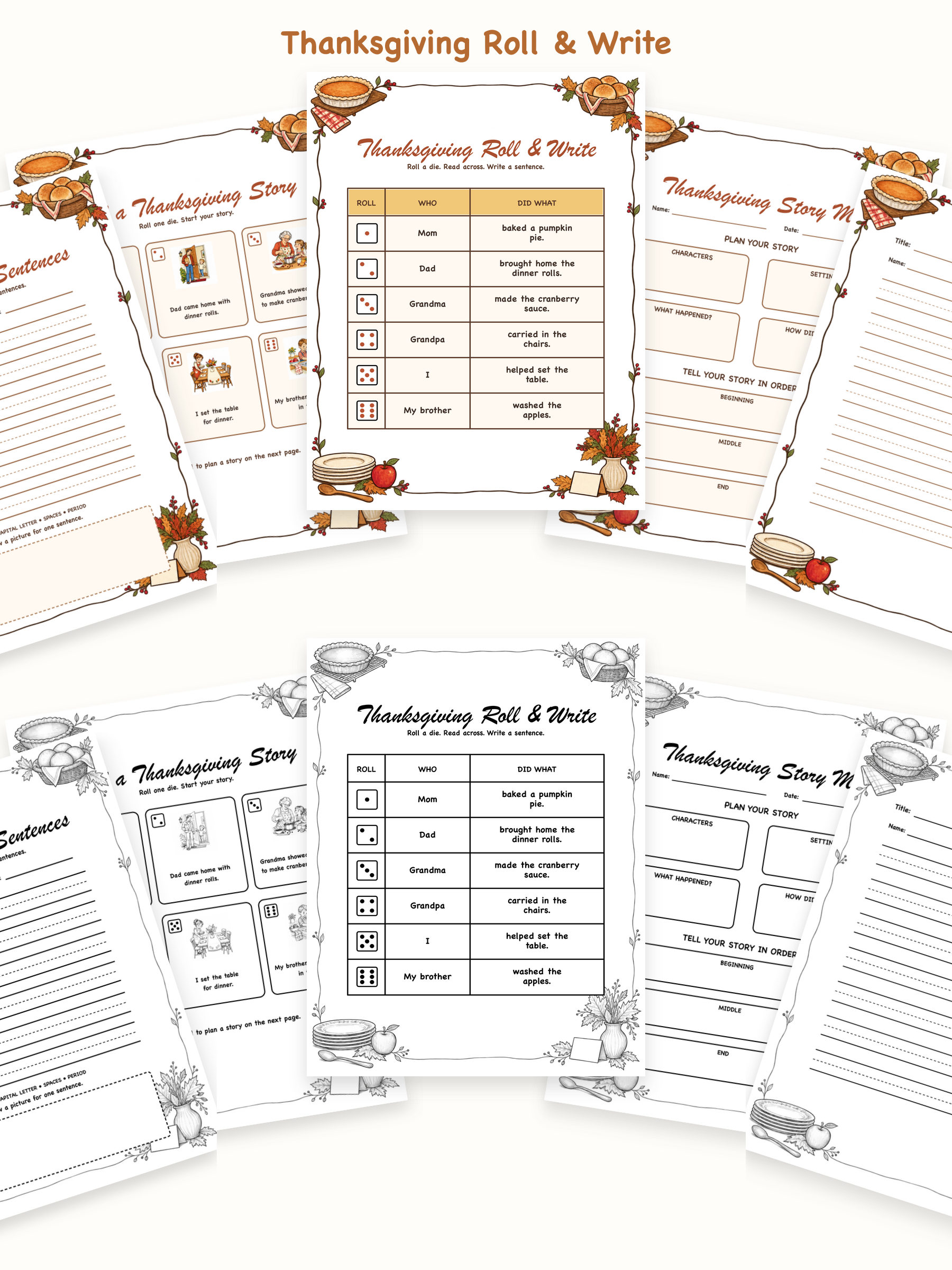 Thanksgiving Roll and Write printable writing center