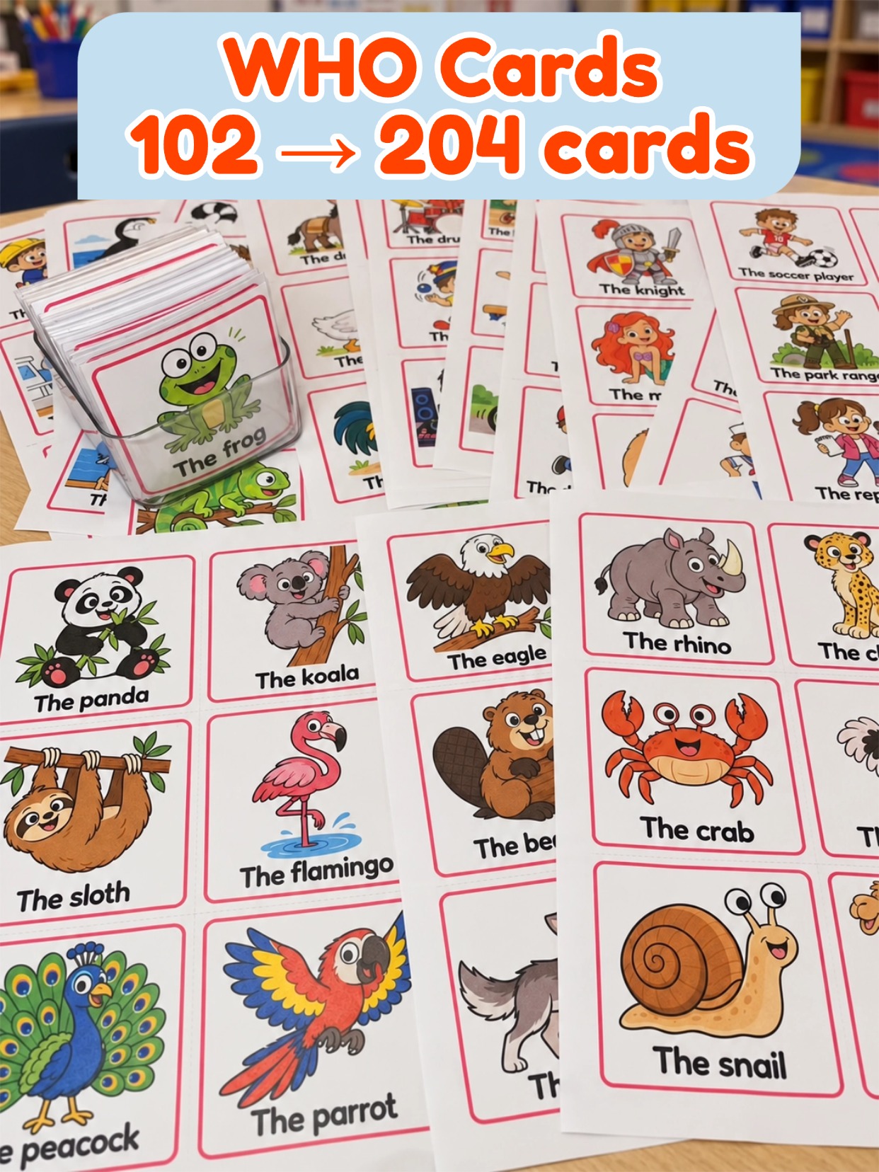 Picture and word cards for the Who part of a sentence, including animal choices