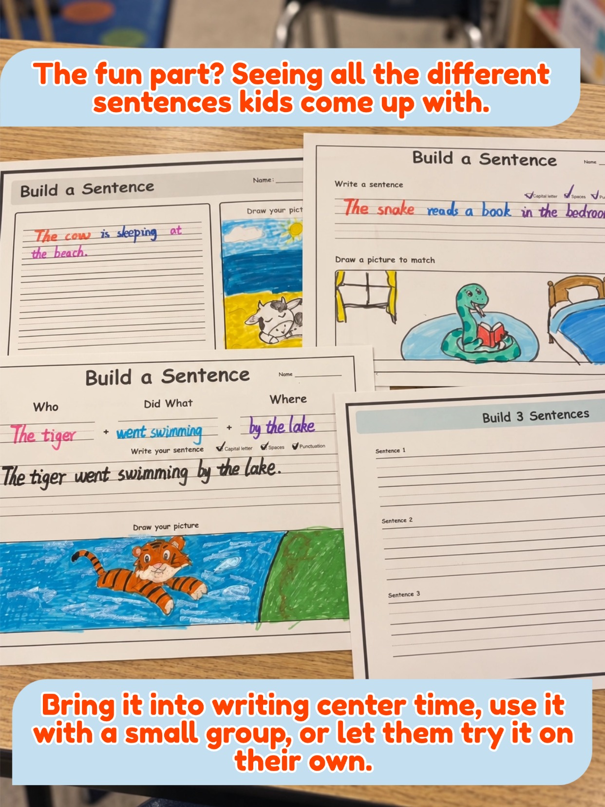 Product preview showing different written sentences and matching drawings on Writing Center templates