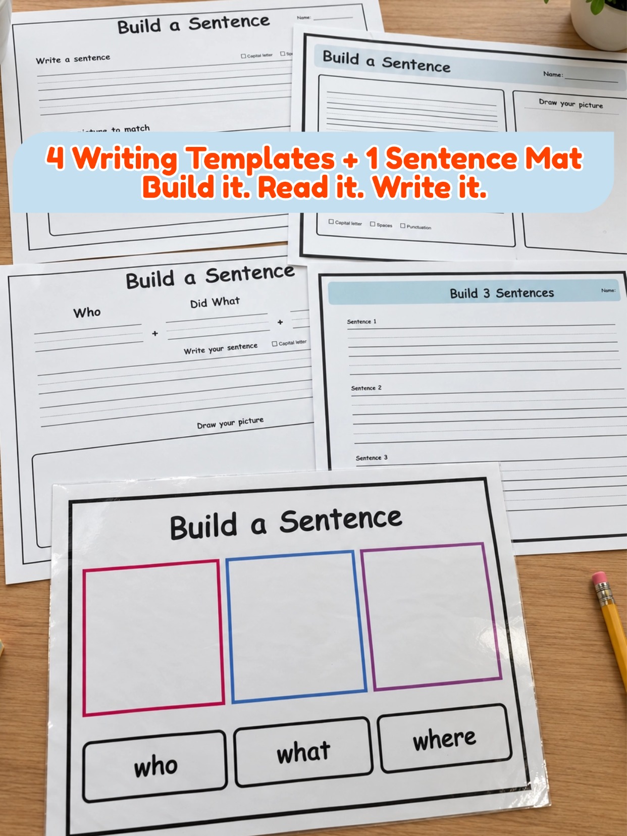Sentence mat with Who, What, and Where spaces beside four writing templates