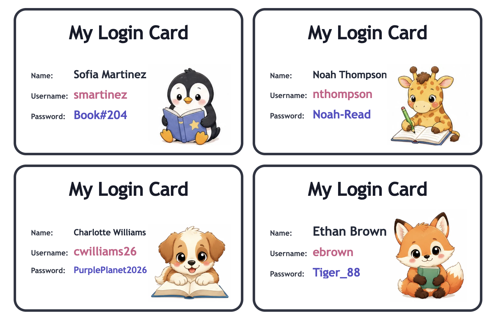 Product print preview with four login cards using consistent name, username, and password fields