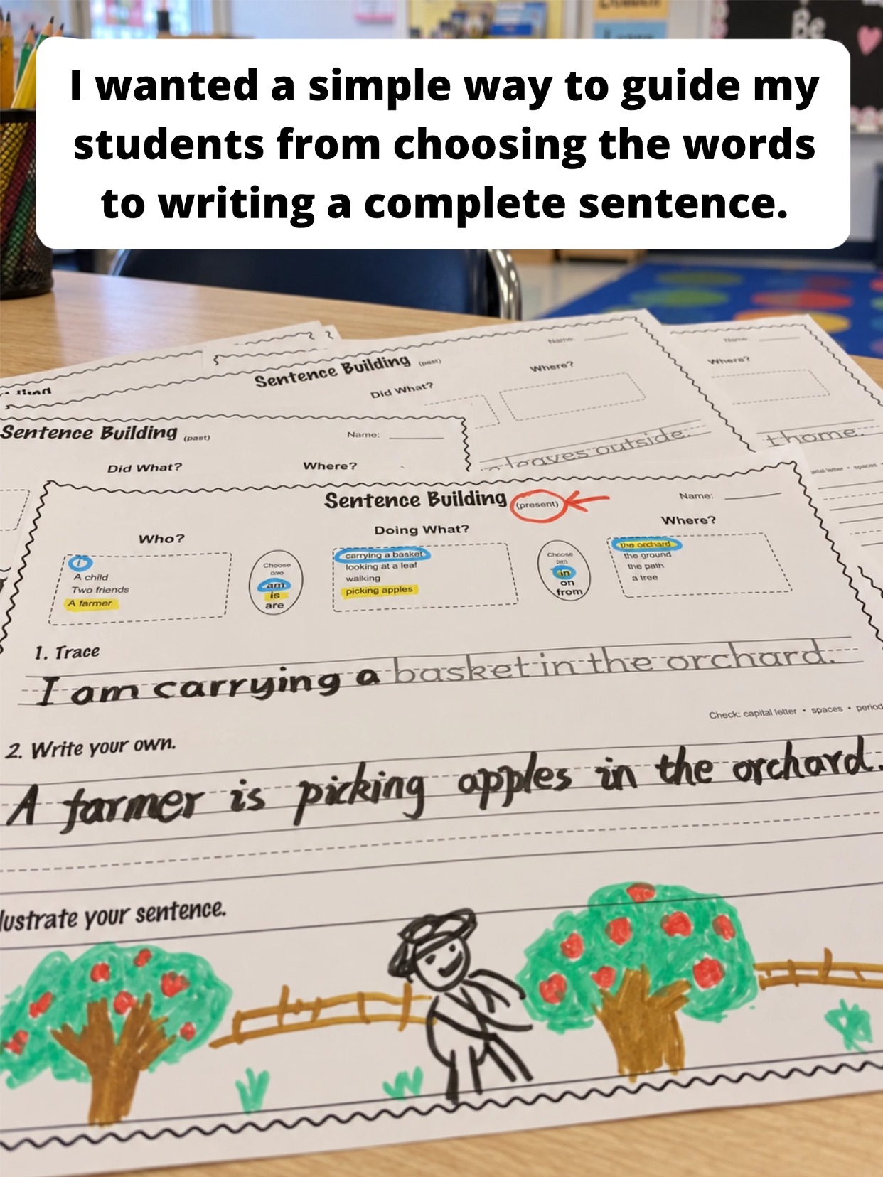 Guided sentence building worksheet moving students from word choices to a complete illustrated sentence