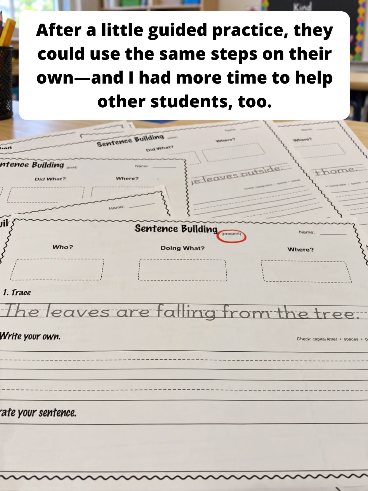 Sentence Building Morning Work worksheets showing guided practice and a blank independent practice page