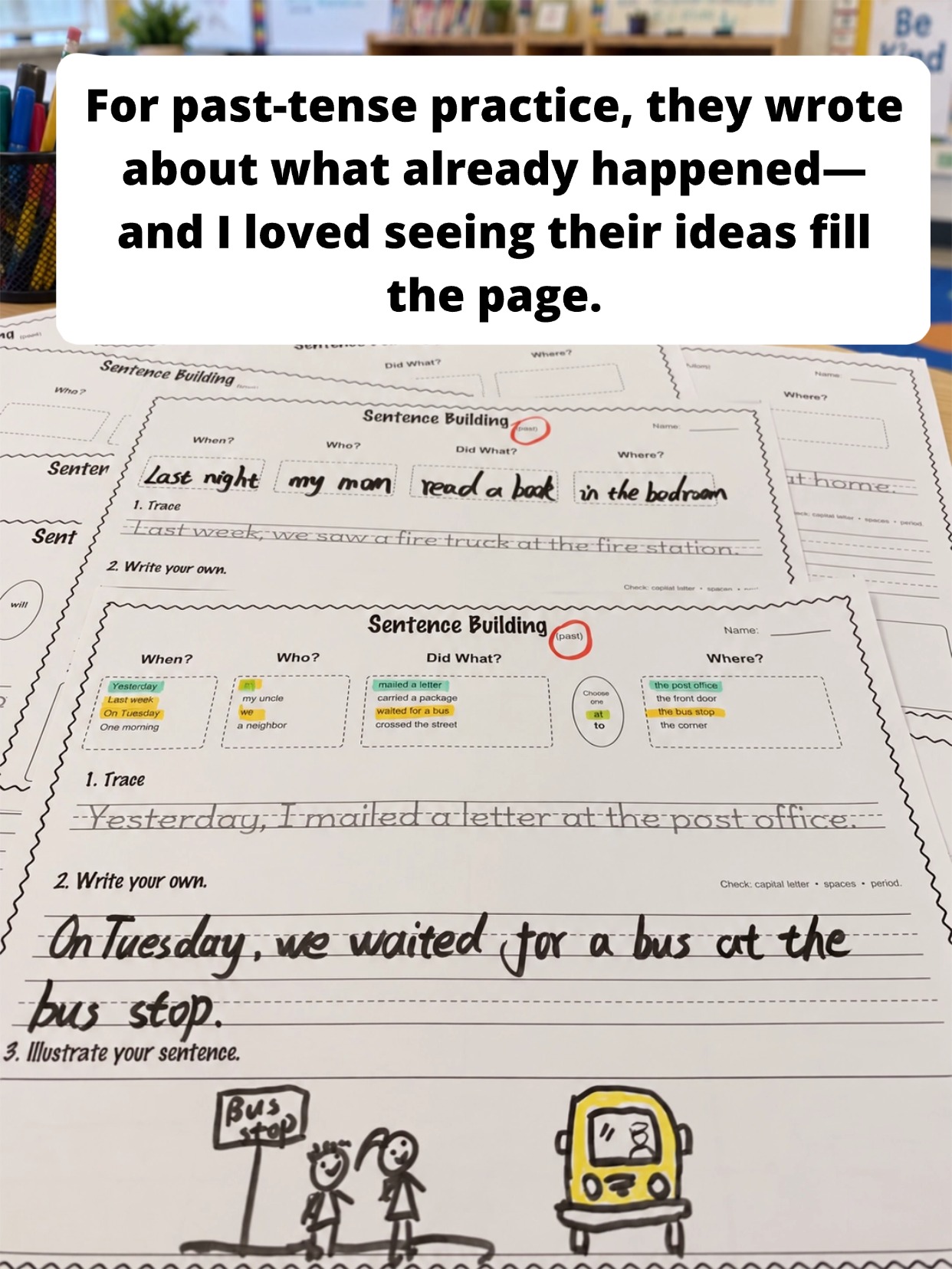 Past-tense sentence building worksheets with guided word choices and independent writing