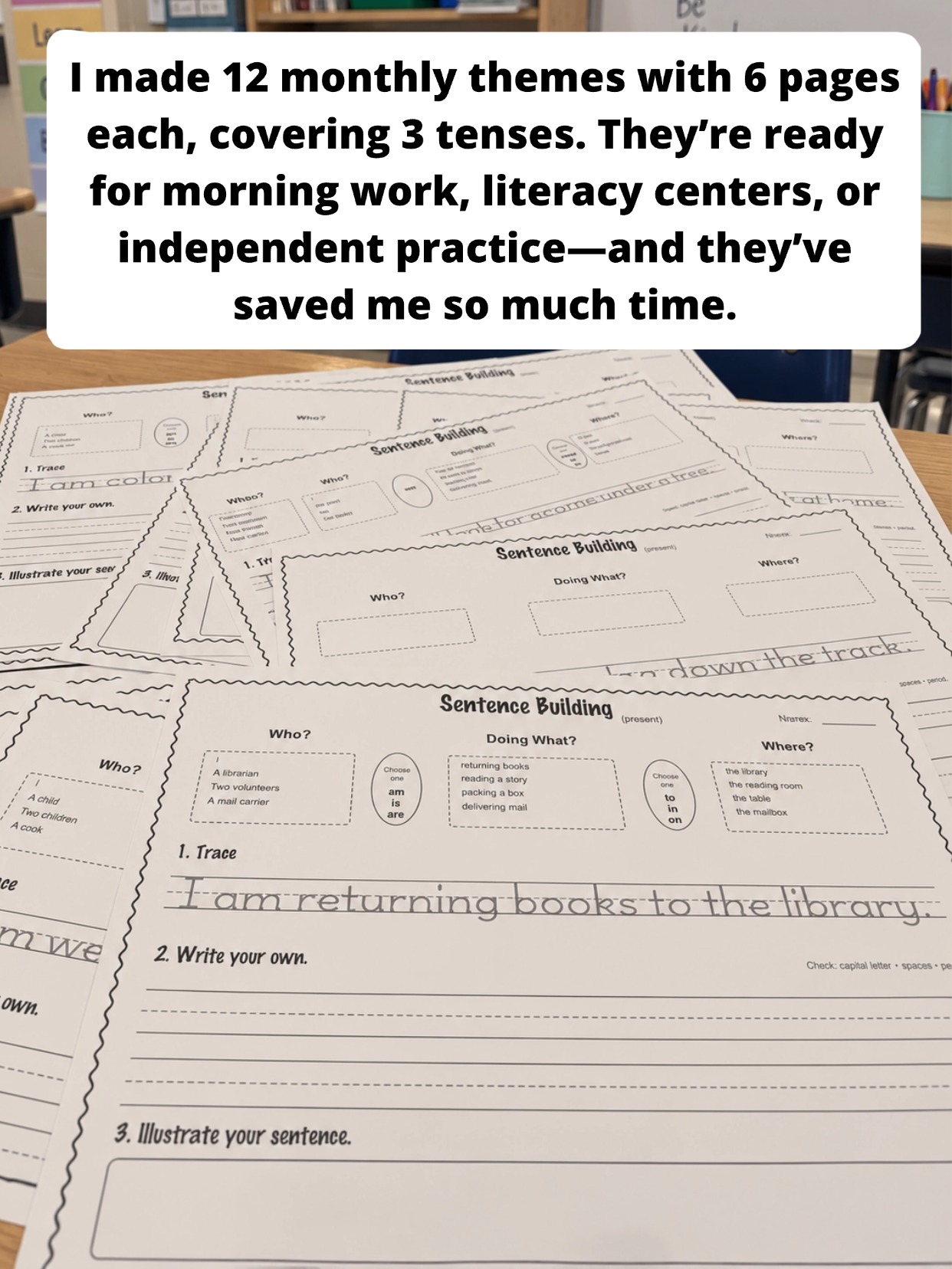 Sentence Building Morning Work worksheets arranged to show year-round monthly practice